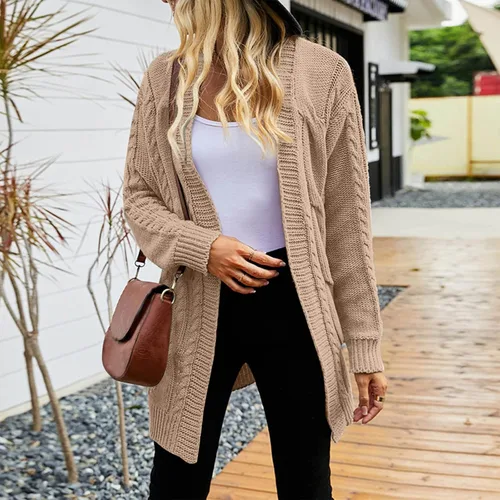 Vista 4 de Cárdigan de manga larga para mujer, ligero, cuello acanalado, suave, cárdigan de punto para mujer, cárdigan pesado