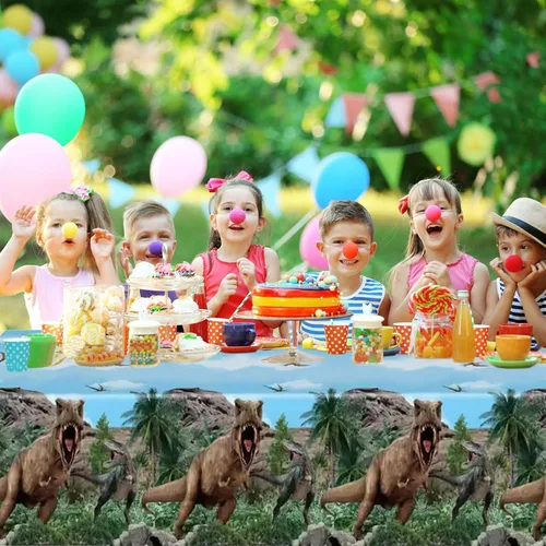 Vista 4 de 2 manteles de fiesta de dinosaurios de 54 x 108 pulgadas, desechables, de plástico, con estampado de dinosaurios, para niños, decoración