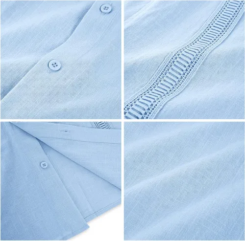 Vista 5 de Hestenve Guayabera - Camisas casuales de lino y algodón con botones de manga corta para hombre, camisa hawaiana cubana de verano, playa, trabajo