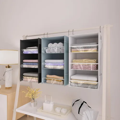 Vista 8 de Organizador de armario colgante de 3 estantes, diseño de borde frontal, estantes de almacenamiento de armario colgantes más anchos y plegables con 4