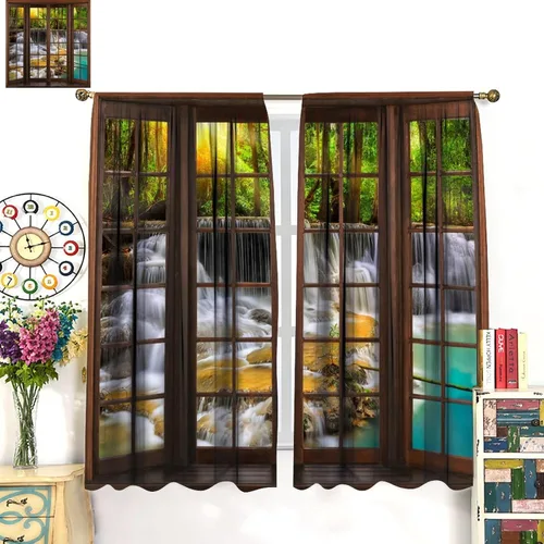 Vista 3 de Cortinas de bosque, bosque natural, cascadas, paisaje, rústico, estilo granja, bolsillo para barra, cortinas insonorizadas para ventana