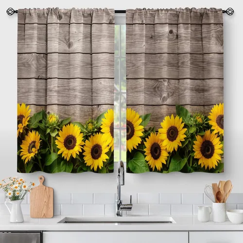 Vista 20 de Aimego - Cortinas de cocina con plantas rústicas y flores de primavera, botánicas, con hojas verdes, cortas, para cafetería, baño, con bolsillo