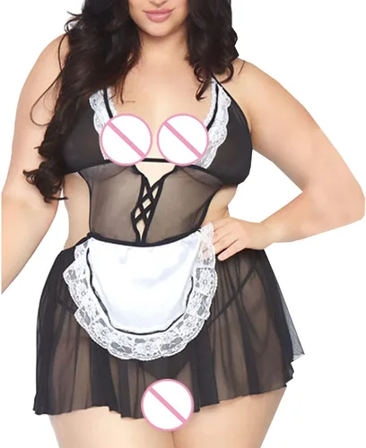 Vista 4 de Lencería sexy de sirvienta francesa para juegos sexuales traviesos, ribete de encaje, malla transparente, babydoll, camisola, enfermera, cosplay