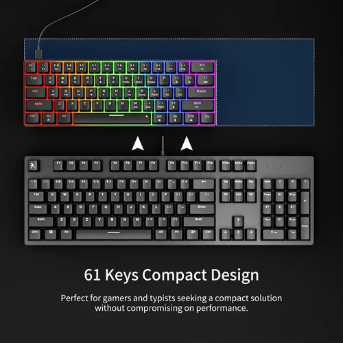 Vista 3 de Newmen GM611 - Teclado mecánico con retroiluminación LED arco iris, para juegos, con cable, compacto, mini 61 teclas, portátil, 60 % teclado