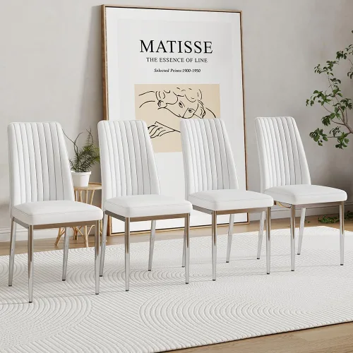 Vista 11 de Sillas de Metal Negro, Juego de 4 Sillas de Comedor Modernas con Cuero Sintético PU y Patas Cromadas de Alto Respaldo para Comedor, Cocina, Sala