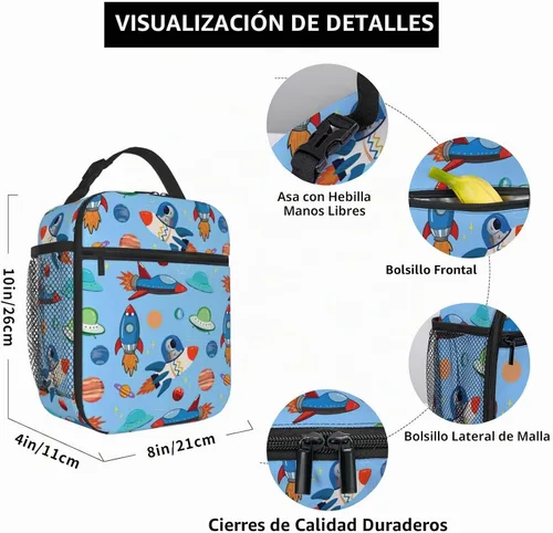 Vista 3 de Lonchera espacial para niños y niñas, térmica, térmica, linda bolsa de almuerzo para la escuela Dibujos animados aeroespacial