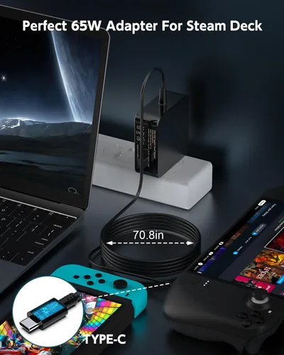Vista 5 de Adaptador de corriente plegable PD de 65 W45 W, cargador rápido USB C para Steam DeckNintendo SwitchSteam Deck TV Dock