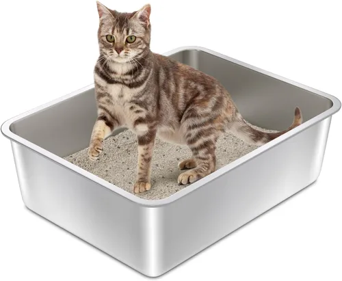 Vista 11 de Caja de arena de acero inoxidable con tapa, caja de arena de metal para gatitos, cajas de arena de entrada baja con pala y alfombra, caja de arena
