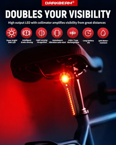 Vista 5 de DARKBEAM Luz trasera inteligente para bicicleta, con sensor de freno/luz, recargable USB-C, IP64 impermeable, 5 modos de luz, luz trasera