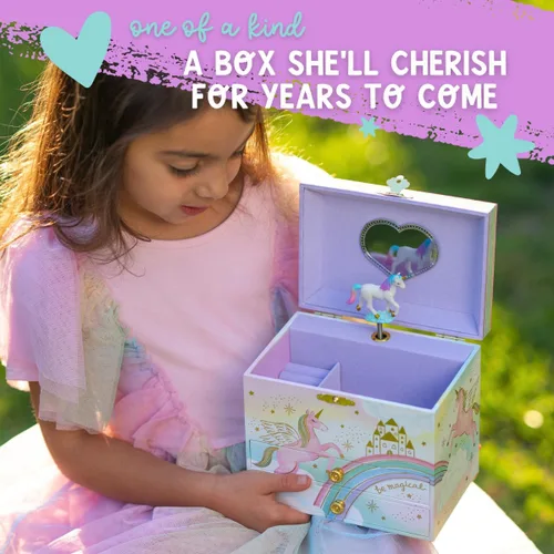 Vista 3 de Joyero musical de unicornio para niñas, caja de música para niños con unicornio giratorio, regalos de cumpleaños de unicornio para niñas pequeñas