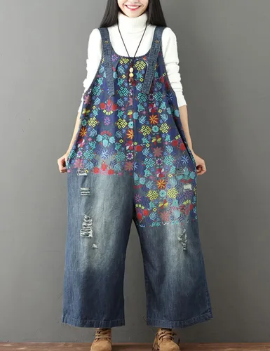 Vista 2 de Flygo Mono holgado holgado de pierna ancha para mujer, pantalones de harén