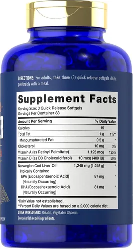 Vista 2 de Cápsulas blandas de aceite de hígado de bacalao Carlyle 1245 mg 250 unidades Noruego Sin OMG, sin gluten