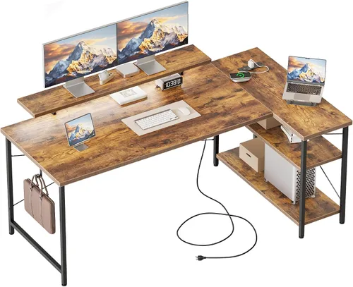 Vista 31 de Mericonia Escritorio pequeño en forma de L para computadora con tomas de corriente, escritorio de juegos para espacios pequeños, escritorio