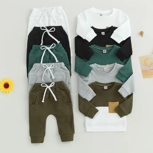 Vista 2 de Ropa de bebé niño de 0 a 3 años, sudadera con retazos de gofre, camisa y pantalones, traje de otoño e invierno