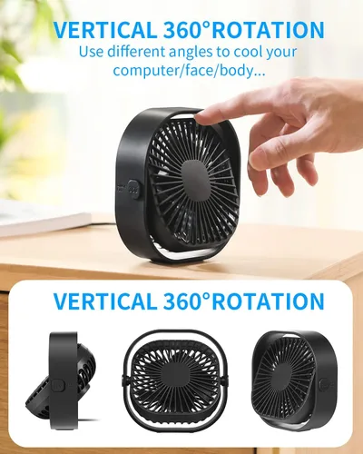 Vista 7 de Pequeño ventilador de escritorio USB, mini ventilador de mesa silencioso de 4 pulgadas, ventilador de escritorio portátil de 3 velocidades, pequeño