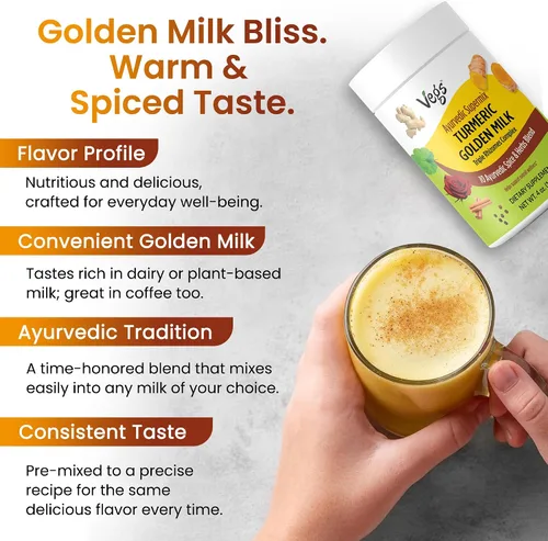 Vista 8 de Vegs Leche en polvo dorada de cúrcuma – 10 leches ayurvédicas súper especias con cúrcuma orgánica, jengibre, pétalos de rosa, canela, ashwagandha
