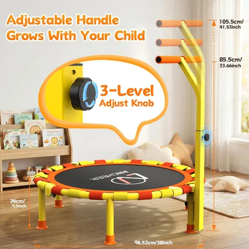 Vista 9 de ANCHEER Trampolín infantil de 38 pulgadas, mini trampolín de capacidad de 150 libras para niños de 1 a 6 años, mango ajustable, plegable y fácil