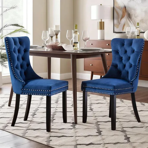Vista 63 de Juego de 2 sillas de comedor de terciopelo con patas de madera, color beige Mid Century Modern Dining Chairs,Upholstered Chairs with Nailhead