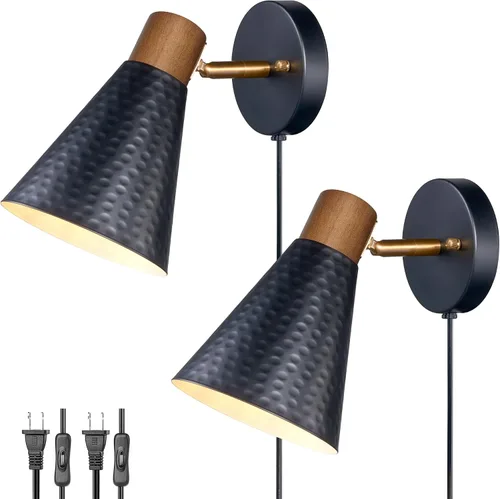 Vista 10 de Juego de 2 apliques de pared blancos enchufables, lámpara de pared moderna con cable de enchufe, aplique de madera con pantalla de metal martillado