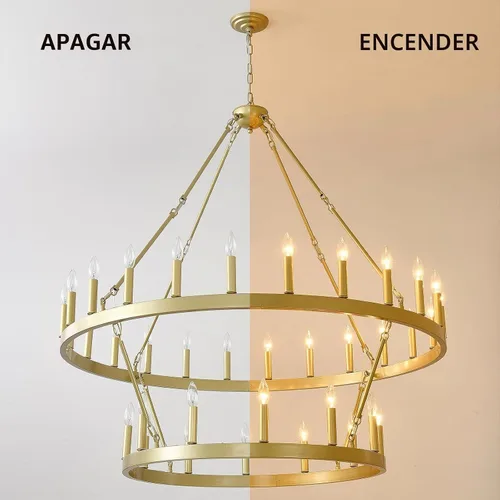 Vista 2 de EGM Candelabro dorado de 48 pulgadas con rueda de carro de 2 niveles, 36 luces grandes de color dorado cepillado estilo granja, lámparas de techo