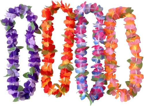Vista 2 de Oojami Paquete de 12 flores de seda de imitación hawaianas con volantes Leis novedosos Luau decoración de fiesta de cumpleaños Tiki verano piscina