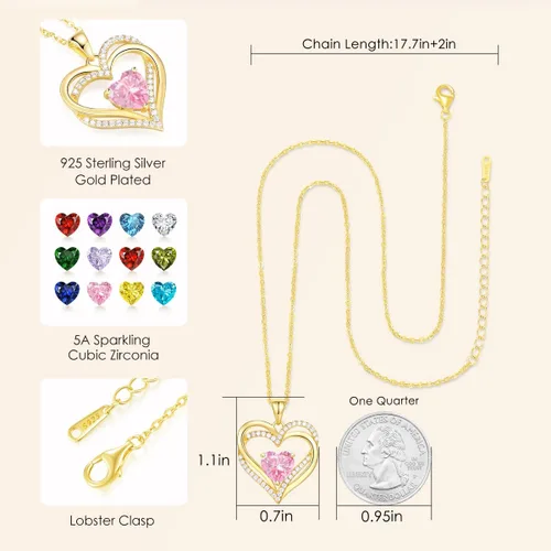 Vista 5 de CDE Heart Necklaces for Women Gold-Plated 925 Sterling Silver Birthstone Pendant Necklace Anniversary Birthday Mother's Day Jewelry Gifts for Women
