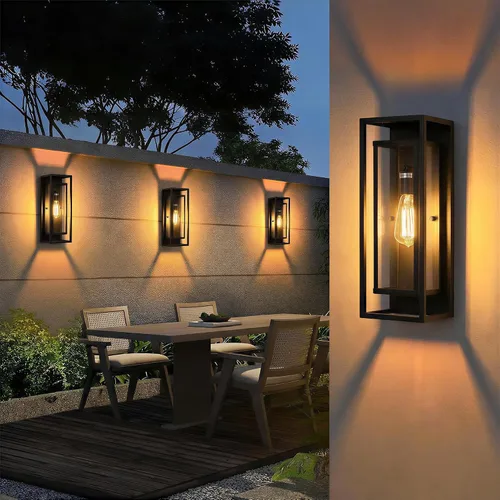 Vista 11 de mirrea Aplique de pared clásico para exteriores de 14 pulgadas, 1 luz en negro mate, marco de metal rectangular y pantalla de vidrio transparente