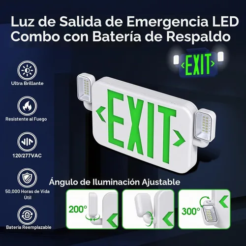 Vista 2 de Luz LED combinada de salida de emergencia con dos luces principales ajustables y batería de respaldo, iluminación de salida de emergencia comercial