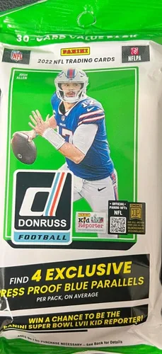 Vista 2 de Panini Donruss NFL - Caja de valor para violonchelo de fútbol 2022, 12 paquetes sellados de 30 tarjetas (360 cartas masivas en total). 4 paralelos