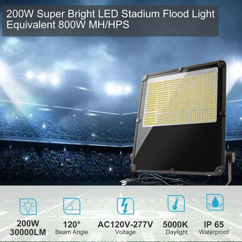 Vista 2 de Luz de inundación LED de 200 W para exteriores, 30000 lm, luz de estadio LED con fotocélula del anochecer al amanecer, IP65 AC100-277V iluminación