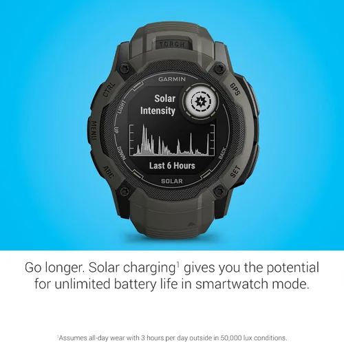 Vista 4 de Garmin Instinct 2X Solar, reloj inteligente GPS resistente, linterna incorporada, capacidad de carga solar, GNSS multibanda, Moss