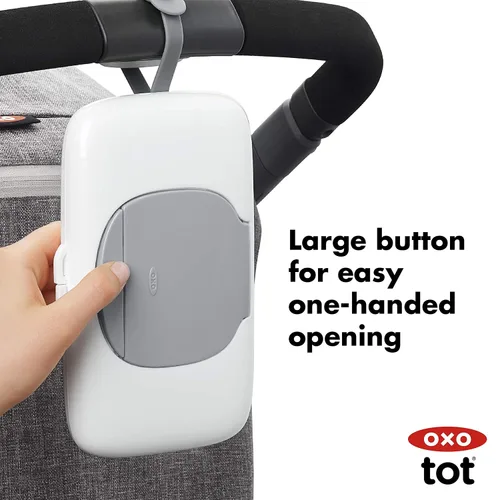 Vista 3 de OXO Dispensador de toallitas Tot Perfect Pull color azul marino, 1 unidad (paquete de 1) y dispensador de toallitas Tot On-The-Go - gris, 1 unidad