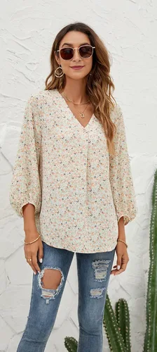 Vista 2 de POGTMM Blusa de verano de gasa con cuello en V y manga 34 para mujer, casual, holgada, para el trabajo, negocios, floral, túnica