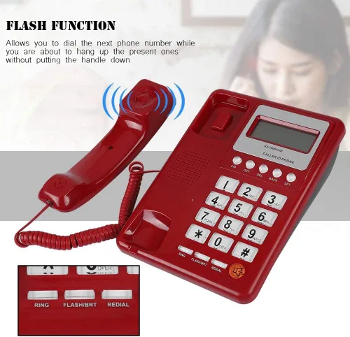 Vista 5 de KXT8001 Teléfono estándar con cable, teléfono fijo rojo con pantalla LCD, teléfono de escritorio para oficina en casa escuela hotel, teléfonos fijos