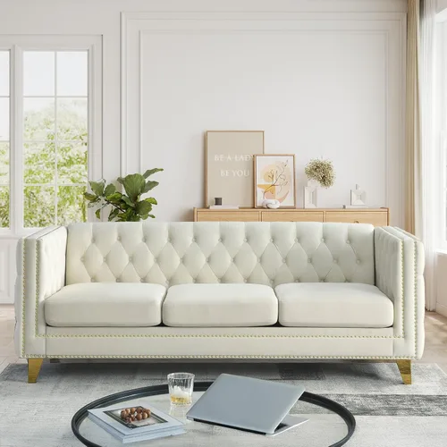 Vista 8 de JEEOHEY Juego de Sofás Chesterfield de 2, Sofá Moderno de Terciopelo con Capitoné y Ribete de Tachuelas, Sofá Tapizado de Asiento Profundo, Sofá