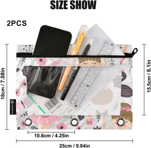 Vista 3 de Linda bolsa de lápices de bailarina para carpeta de 3 anillos, 2 bolsas para lápices con cremallera, estuche transparente con cremallera para Ballet