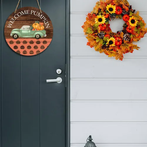 Vista 4 de Letrero de madera colgante de bienvenida con texto en inglés «Hello Fall Harvest» para puerta delantera, hogar, patio, porche, decoración de pared