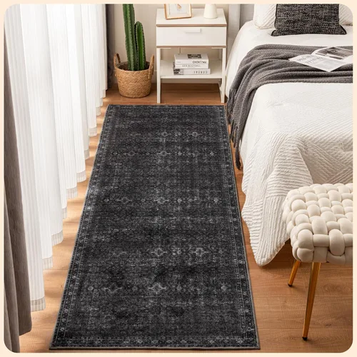 Vista 211 de Istana Alfombra larga antideslizante de 2.5 x 8 para el hogar, para pasillo y cocina, lavable, sedosa y suave al tacto, elegante, color azul y marfil