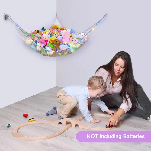 Vista 6 de Unicorn Castle Hamaca de red para animales de peluche, almacenamiento de juguetes para niños con luz LED, organizador de juguetes de felpa