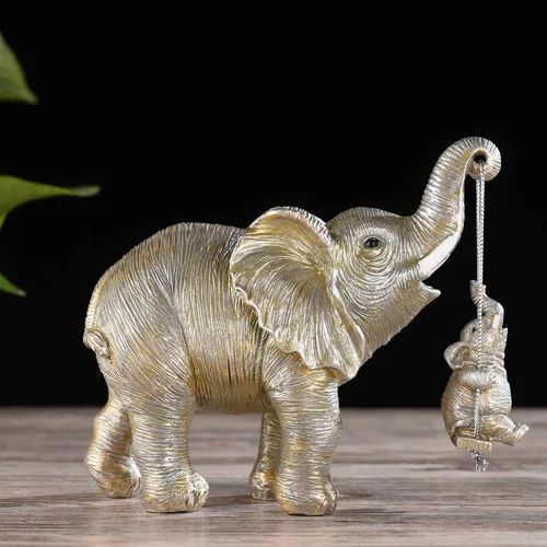 Vista 6 de BRASSTAR Estatua de elefantes de plata de resina bebé elefante sentado en columpio figura traer suerte felicidad riqueza decoración del hogar 7.1