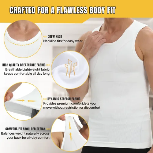 Vista 5 de Camiseta de compresión para hombre, camiseta sin mangas adelgazante, camisetas de ginecomastia, faja moldeadora de control de abdomen, chaleco