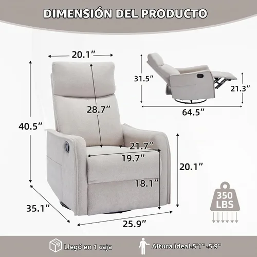 Vista 2 de Silla reclinable giratoria, sillón giratorio para sala de estar, silla reclinable deslizante con calor y masaje, color beige