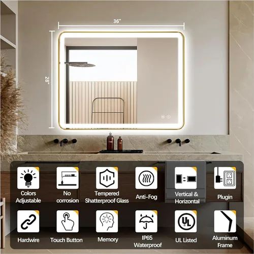 Vista 2 de Espejo de baño LED rectangular, 36 x 28 pulgadas, antiempañamiento, doble tacto, iluminado, espejo de tocador de pared con marco de metal biselado
