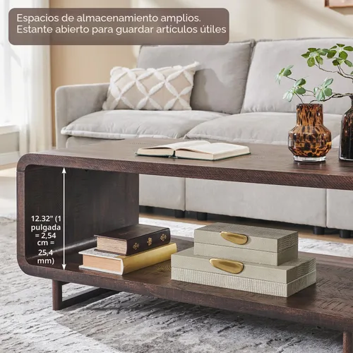 Vista 5 de IFGET Mesa de Centro Moderna de 48", Mesa Central Minimalista de 2 Niveles con Estante de Almacenamiento, Diseño de Perfil Curvo, Mesa Rectangular