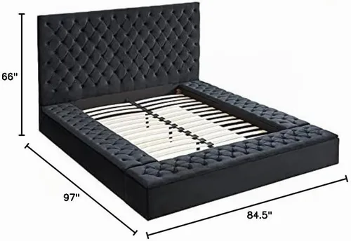 Vista 3 de Pemberly Row Cama de plataforma tamaño Queen con cabecero, pie de cama, plataforma, listones de madera en terciopelo, con almacenamiento en negro