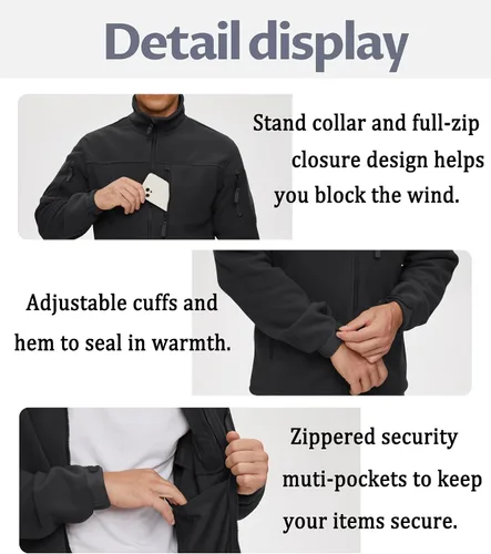 Vista 5 de BIYLACLESEN Chaqueta de forro polar para hombre, chaquetas tácticas militares softshell, abrigos de invierno cálidos con cremallera completa