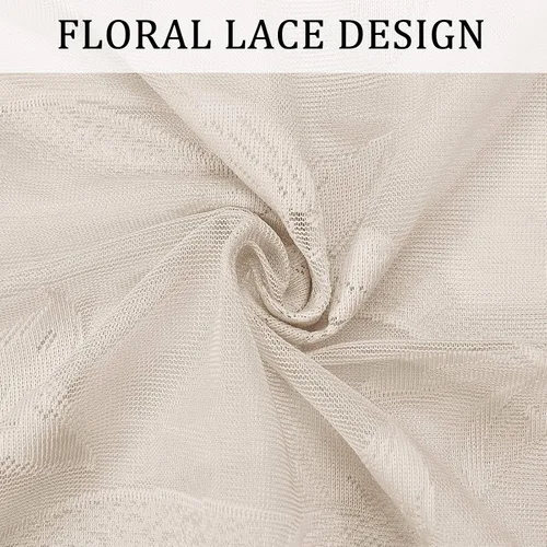 Vista 7 de DWCN Paquete de 2 cortinas traslúcidas pequeñas de encaje floral beige para cocina, cortinas traslúcidas ligeras con bolsillo para barra, cortinas