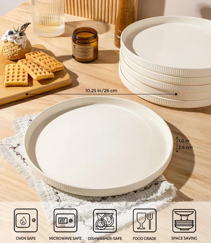 Vista 2 de theterra Juego de 6 platos llanos de cerámica de 10.25 pulgadas, vajilla de cerámica para cocina, horno y microondas y lavavajillas, color beige
