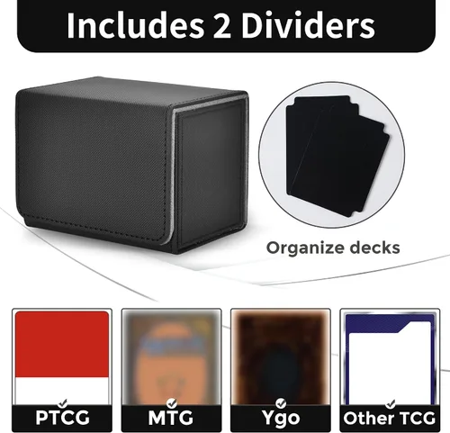 Vista 3 de MTG - Caja de cubierta con 2 divisores, caja de gran capacidad para más de 80 tarjetas de doble manga, funda de piel sintética compatible con Magic