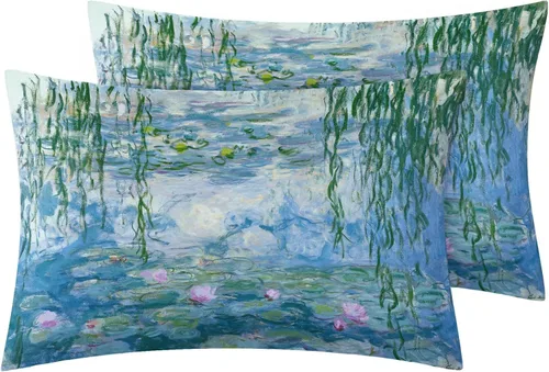 Vista 2 de Water Lilies - Sábanas Monet tamaño Queen, juego de sábanas y fundas de almohada artísticas de 4 piezas, sábana bajera ajustable de bolsillo